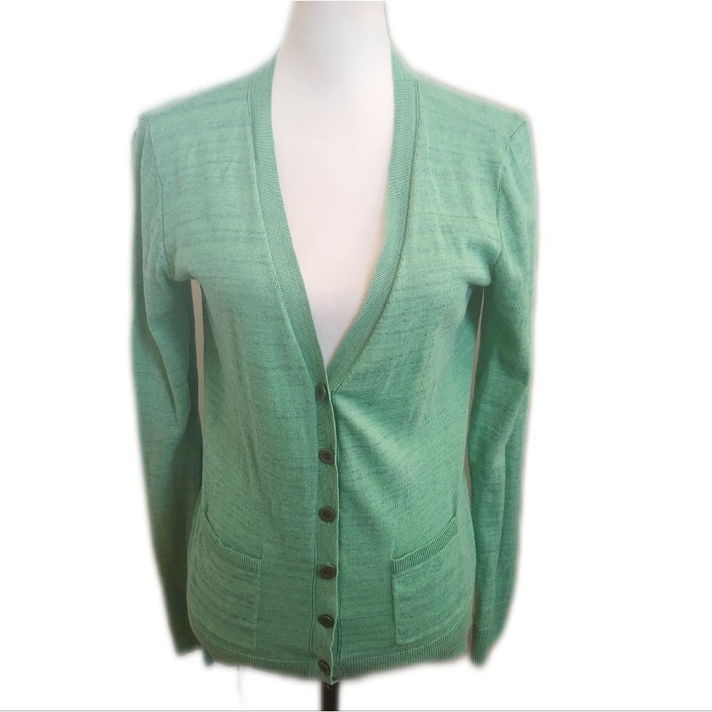 CAbi Style #697 Green Blue Heather, Long Sleeve, V-neck, Button Cardigan, S